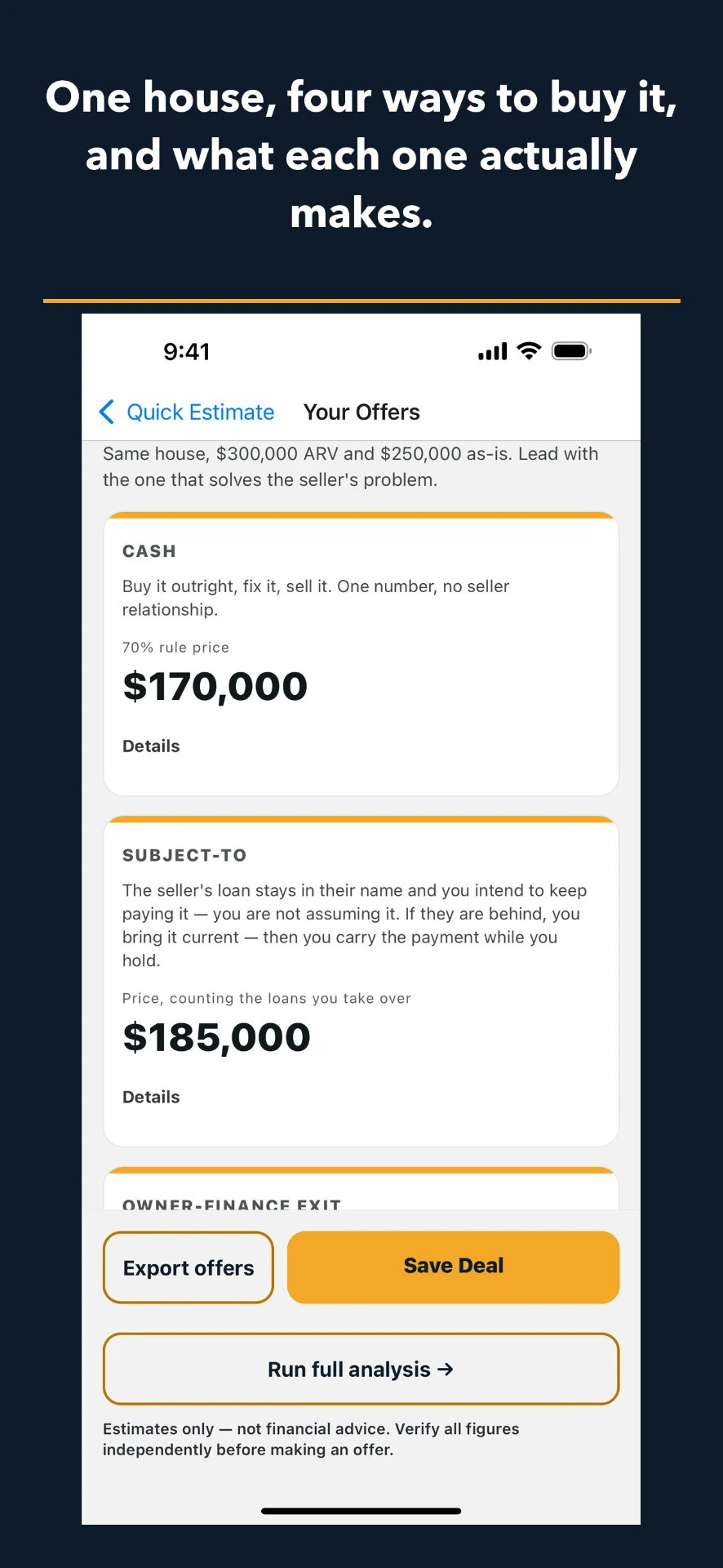 EasyOfferMaker showing four offers for the same house side by side